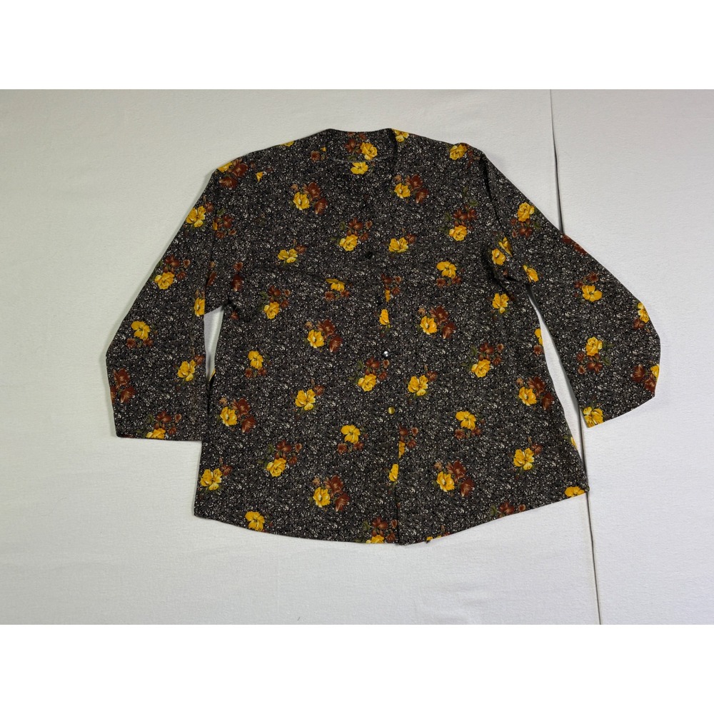 Vintage Floral Button Front Blouse Black Yellow Long Sleeve Cottagecore Top
